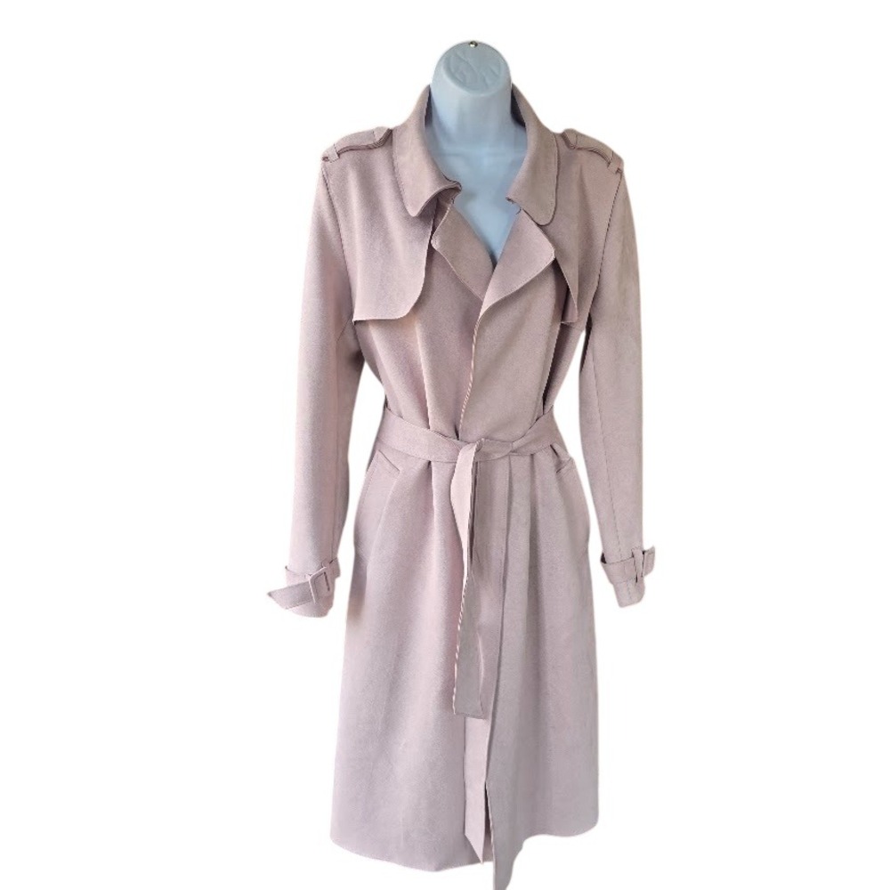 Zara Trench Coat Womens M Pink Faux Suede Belted Minimalist Romantic Parisian - Picture 4 of 16